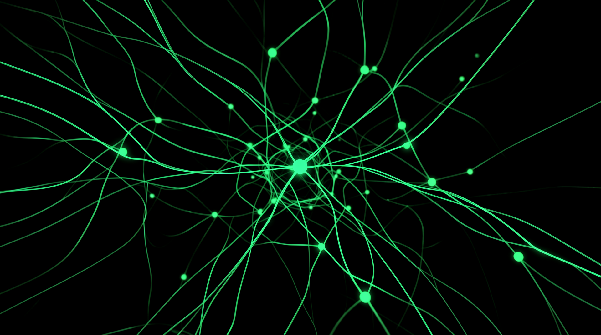 Neural network visualization — glowing green nodes on black